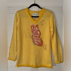 The Quacker Factory Sequined Butterfly Beaded Yellow V-Neck Sweater Size XS‎